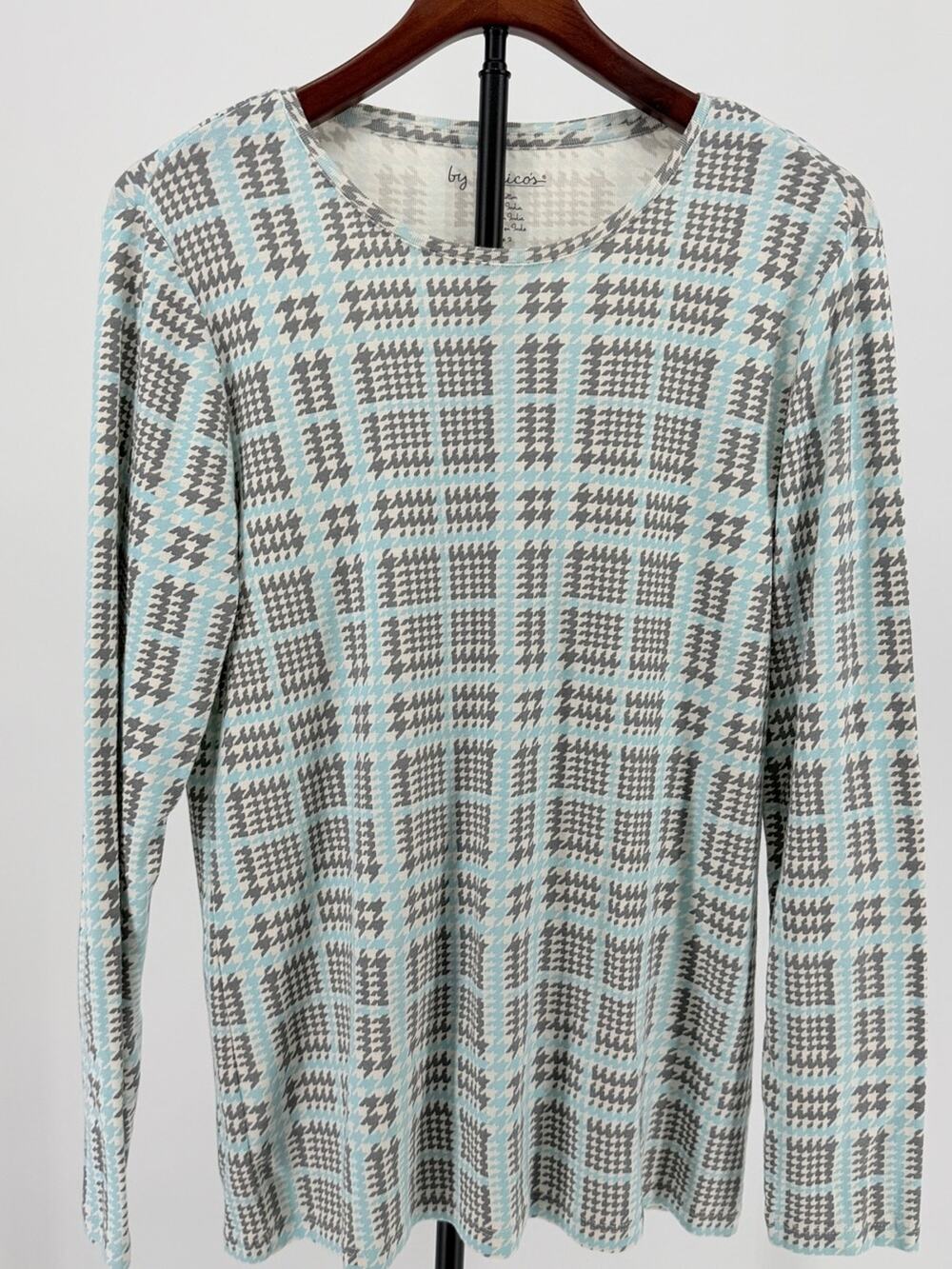 Chico's Crewneck long sleeve top 100% cotton large (2) coastal Dublin plaid